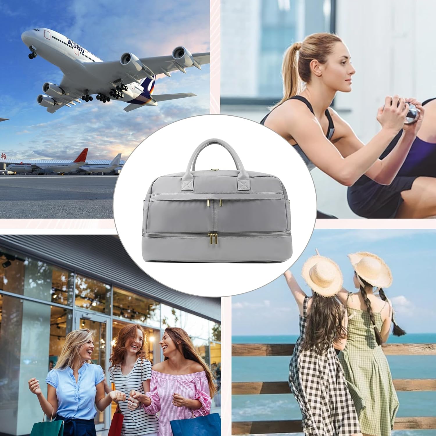 Travel Duffle Bag for Women, Weekender Bag with Shoe Compartment, Carry-On Personal Item, Nylon Gym Tote with Trolley Sleeve, Detachable Adjustable Shoulder Strap, Overnight Travel Tote Bag (Gray)