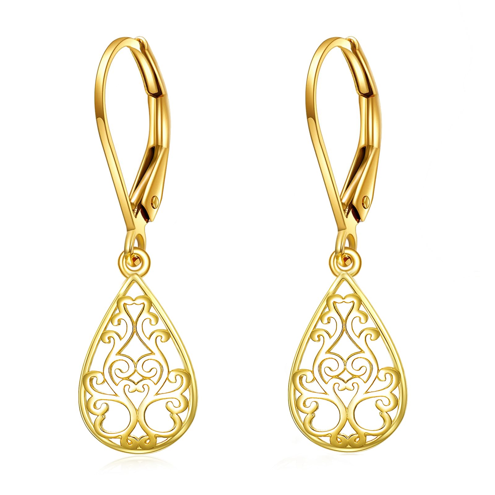 14K Solid Gold Filigree Teardrop Dangle Earrings for Women,14kt Real Gold Filigree Leverback Dangle Drop Earrings Jewelry Gifts for Wife Mom Birthday
