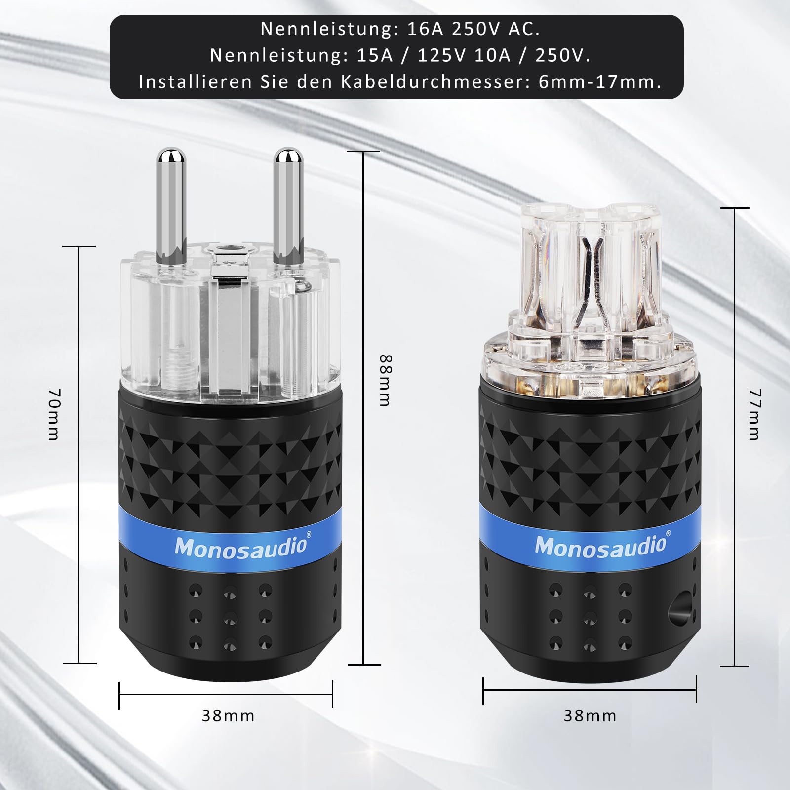 Monosaudio Coppia di connettori HiFi Schuko, IEC C15, connettore High End per dispositivi freddi, 16 A, 250 V, spina audiofilo (rodiato, E103R/F103R)