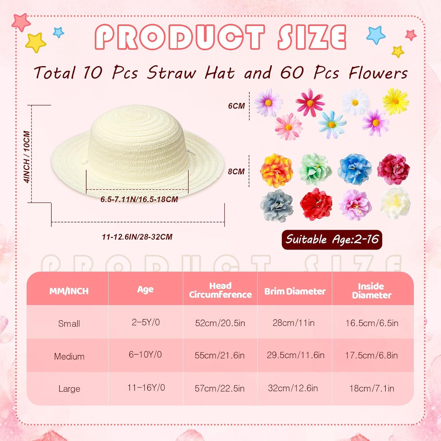 Mepase 70 Pcs DIY Cowboy Kids Hat Set with Flowers - 10 Straw Hats, 60 Artificial Flowers for Tea Party and Dress Up