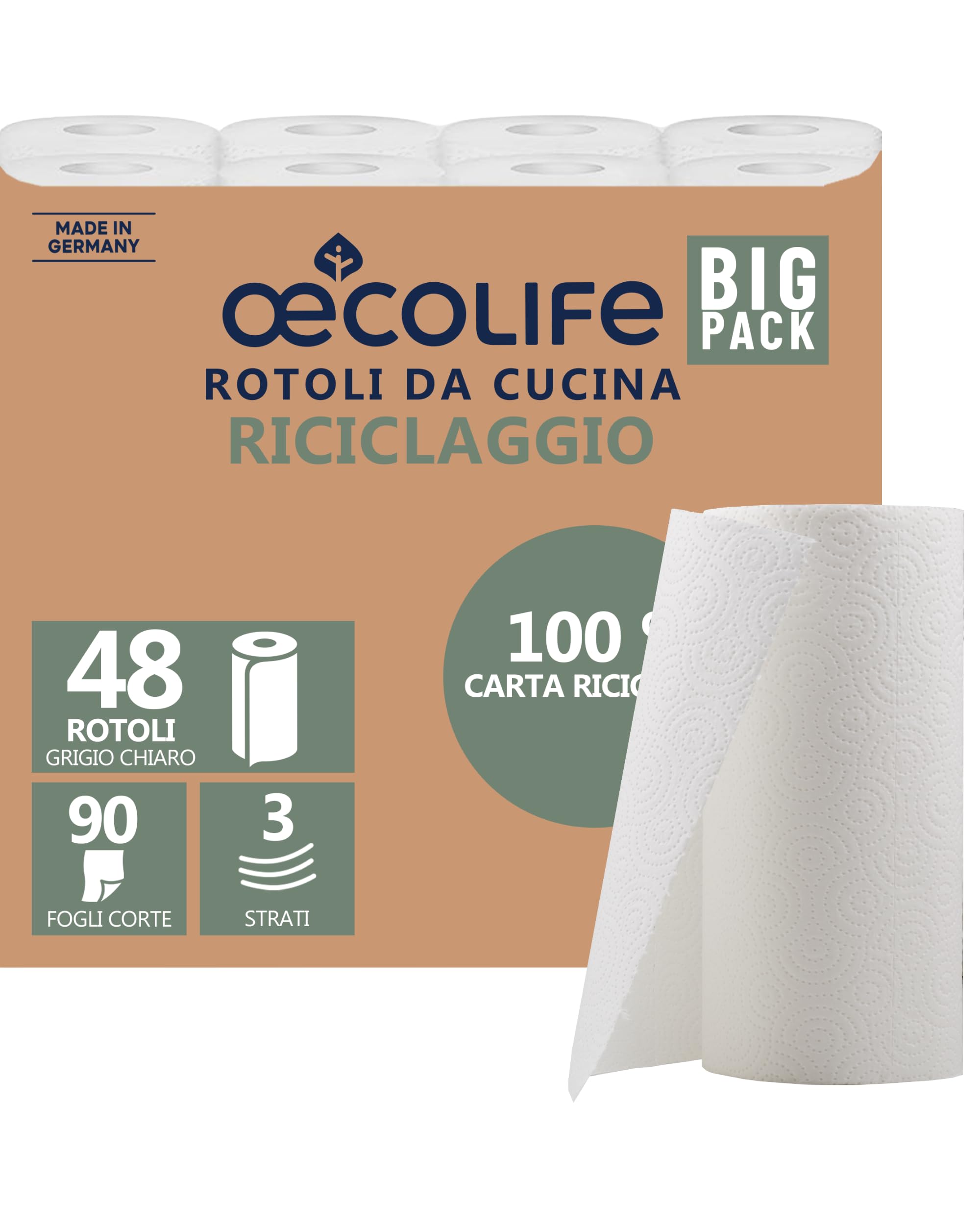 oecolife - Strofinacci da cucina ricicling, 48 rotoli da 90 fogli, fogli corti, rotoli da cucina, sostenibili, rotoli per la casa, asciugamani di carta, carta da cucina
