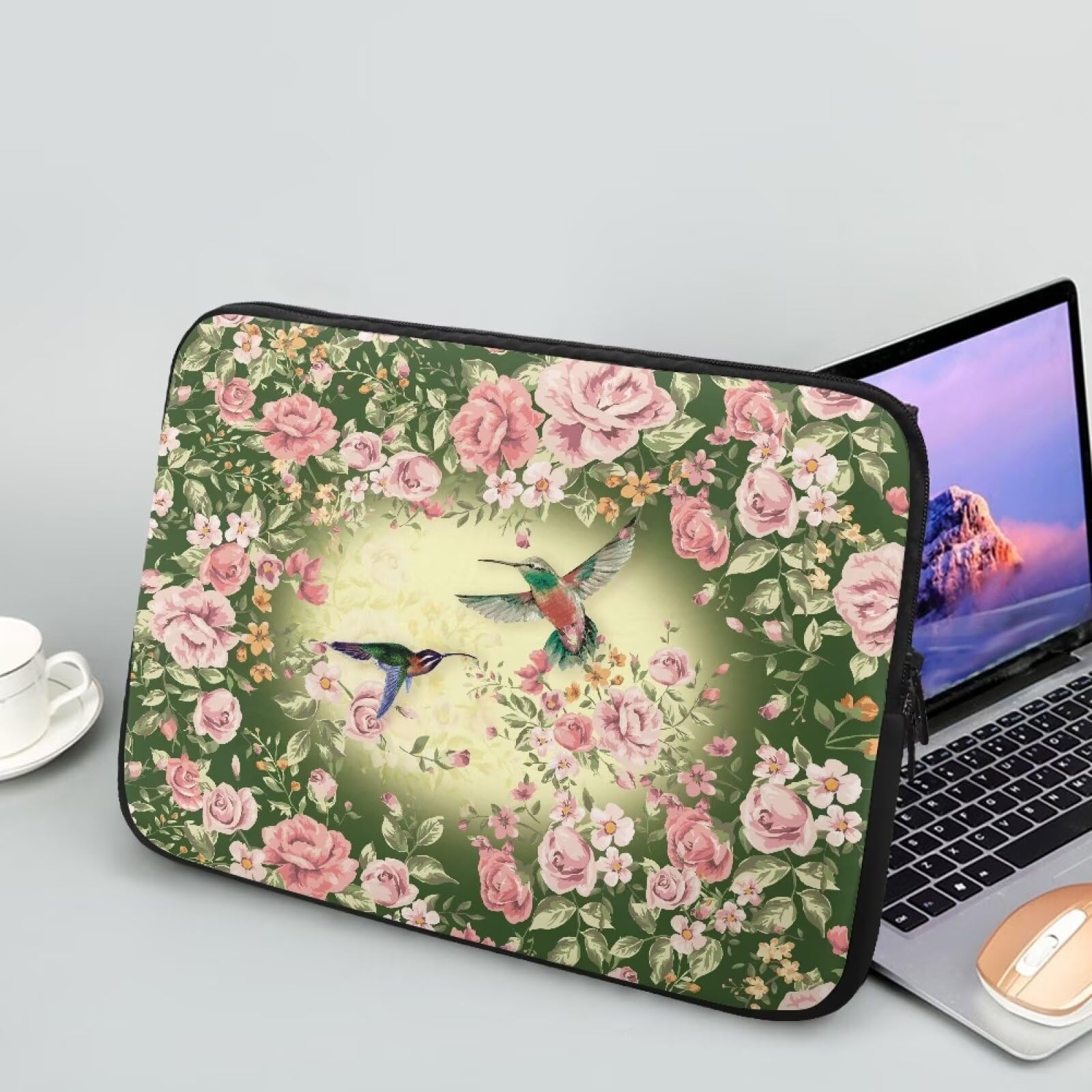 Funda protectora para ordenador portátil de 12 pulgadas con estampado de rosas rosas y colibríes con cremallera