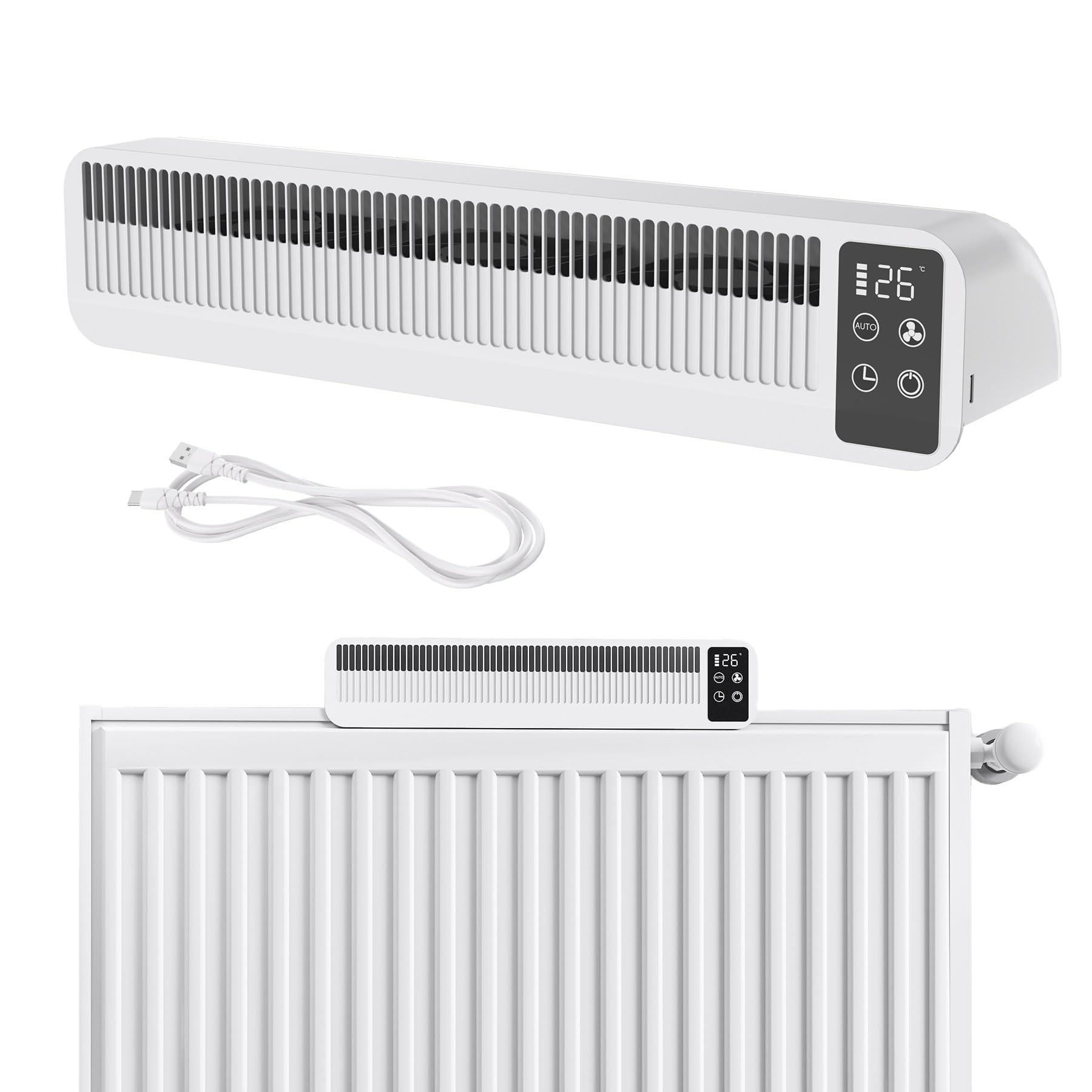 ACXIN Heizkörper Ventilator mit Sensoranzeige & Timer, 3-Stufig Heizungslüfter für Heizkörper und Unterheizungen, Heizkörperventilator leise <45dB, 3W 5V Heizungslüfter mit 1.5M Kabel