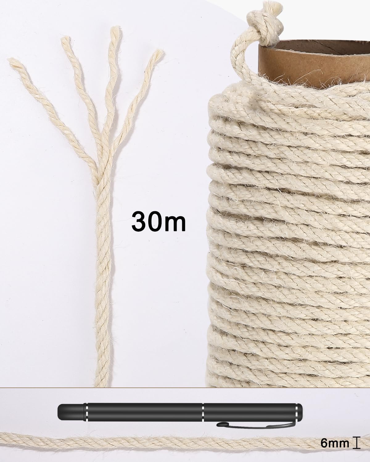 Lina sizalowa do drapaka,6mm x 30M lina sizalowa naturalna lina konopna lina konopna do naprawy,regeneracji lub drapaka DIY,nadaje się do dekoracji ogrodu,zabawka do szlifowania dla kota,domu