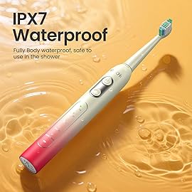YUNCHI Electric Toothbrush for Adults and Kids, Rechargeable Battery Toothbrushes, 8 Brush Heads, 90 Days, 1 Travel Case, 2 Min Timer, IPX7 Waterproof, 5 Modes, Red Yellow Gradient