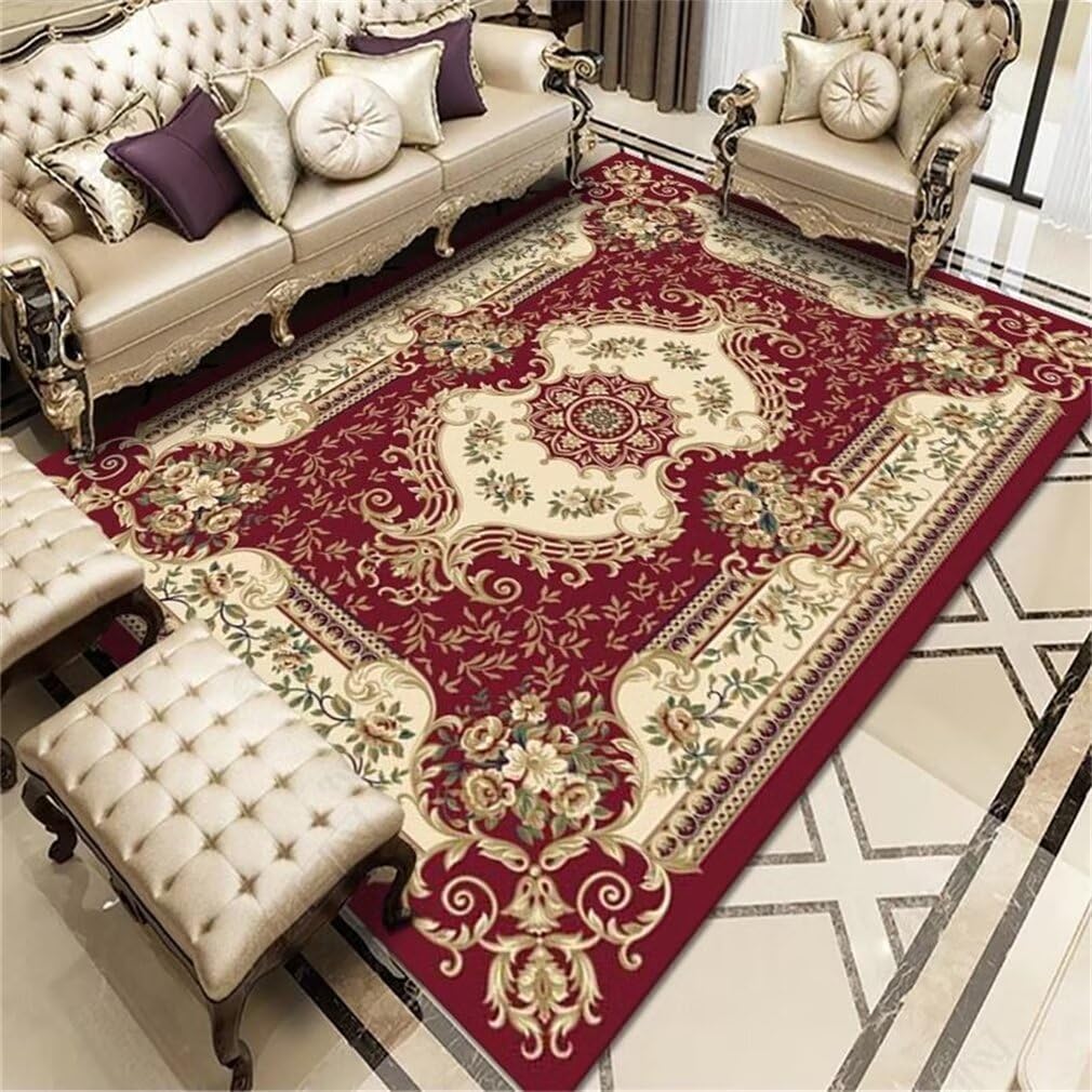 Tapis rouge rétro floral au motif d'art de maison 70x140 cm pour chambre enfant et salon