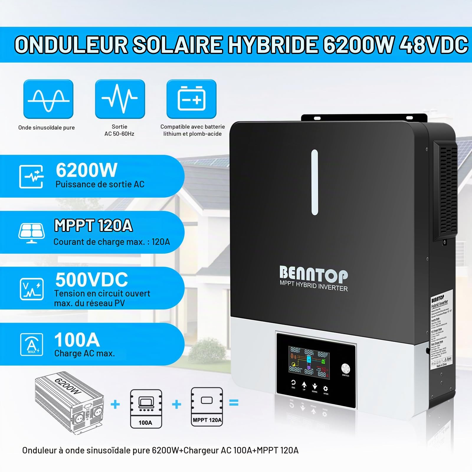 6200W Onduleur Solaire Hybride 48V 220/230V Pure Sine PV Max.500V avec 120A MPPT contrôleur de Charge Solaire Pure Sine Off-Grid Wave Inverter for Lead Acid and Lithium Batteries (6200EU48)
