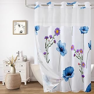 No Hook Floral Shower Curtain with Snap in Fabric Liner Set - Navy Blue Spring Watercolor Flower for Bathroom Decor, Hotel Quality Ringless Double Layer with Mesh Top Window 71 x 74