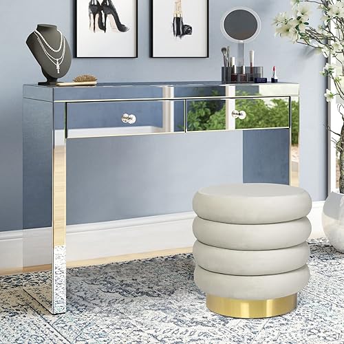 Miniatura 5 de Adeco Taburete redondo otomano de terciopelo con almacenamiento, moderno reposapiés acolchado, reposapiés para sala de estar, dormitorio, beige