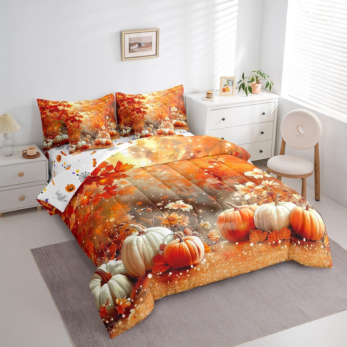 Erosebridal Adult Happy Thanksgiving 7 Piece Comforter Set, Fall Pumpkin Bedding Set Queen for Kids Teens Boys Women,Maple Autumn Leaves Sheet Set Rustic Country Farmhouse Bed Set with 2 Pillow Cases