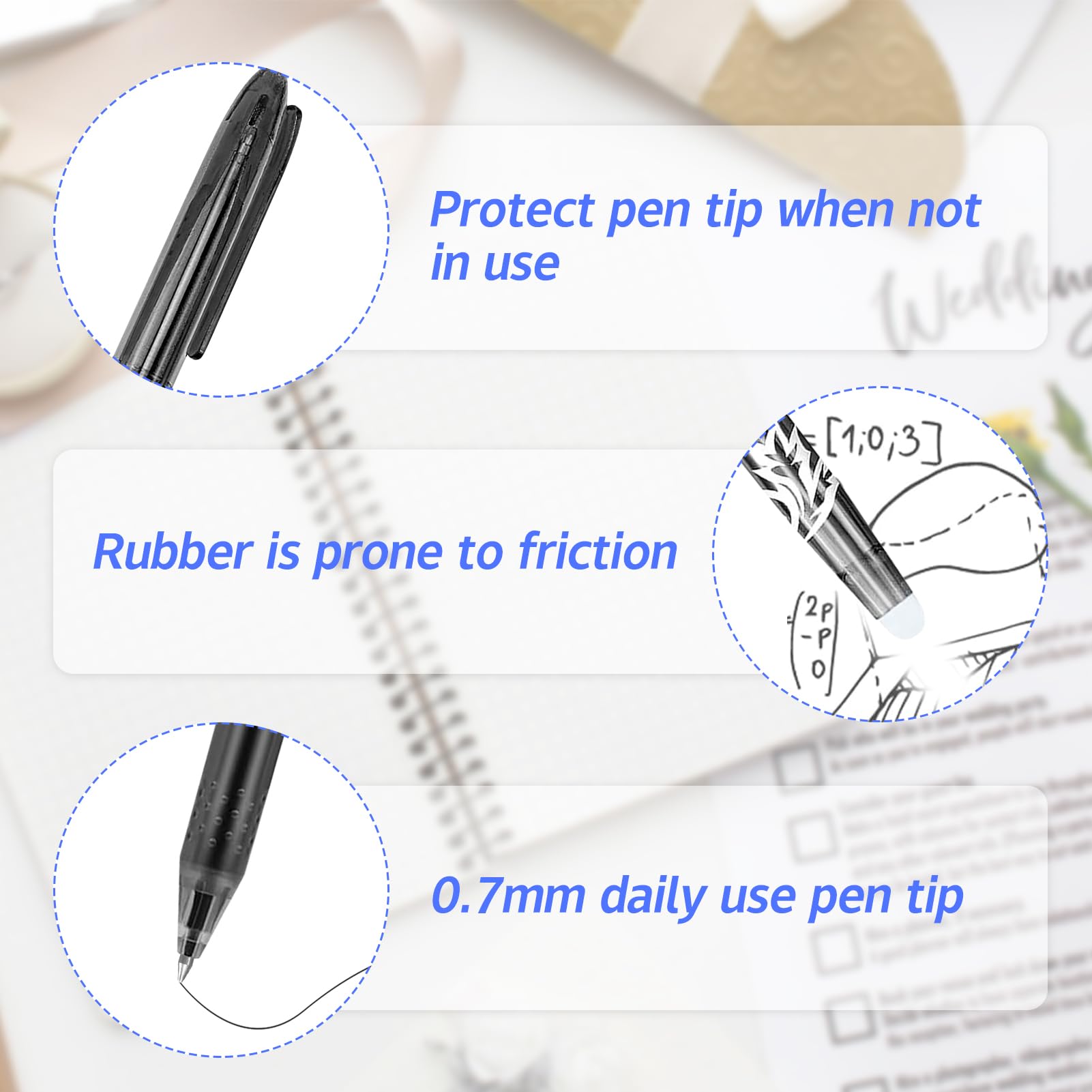 Lechisenop 8 Pcs Erasable Pens Black Blue Friction Pen 0.7mm Gel Pen for Writing Erasable Gel Pens with Rubber on the End for Kids Adults School Work Paperwork Stationary Back to School Supplies - Image 3