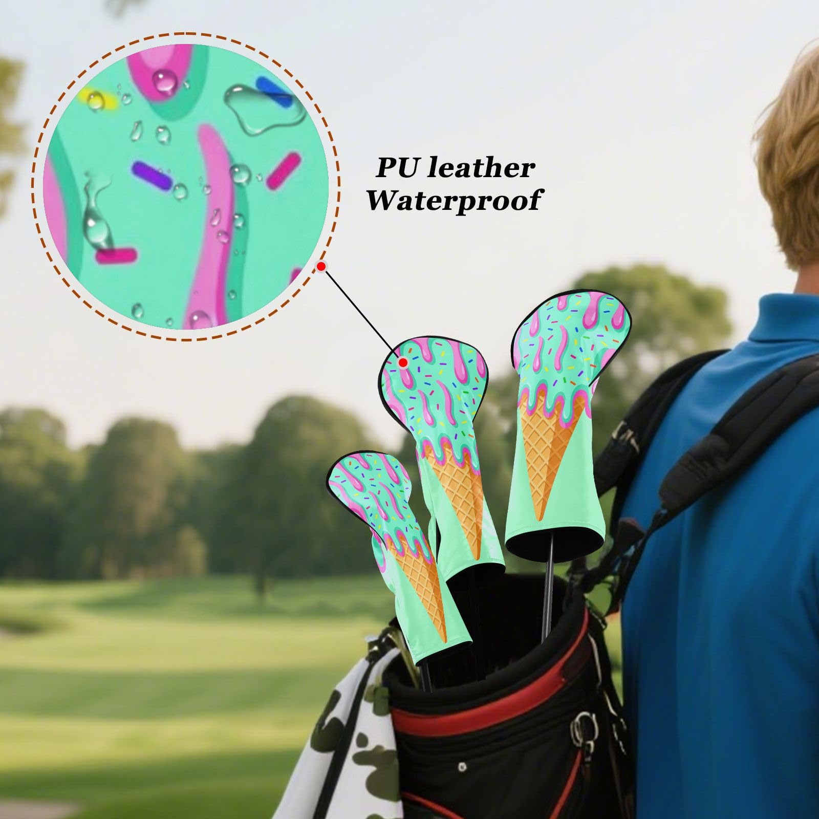 Golfschläger-Abdeckungs-Set, Sommer-Eiscreme, PU-Leder, mit Nummernschildern, Golf-Geschenke für Männer