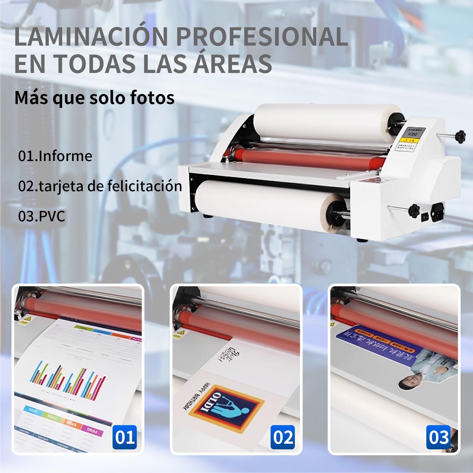 Plastificadora profesional A3 350mm Caliente y Frío, Regulación de Tensión y Presión, velocidad ajustable de 0,5 a 3 m/min, Anti-ondulación, Doble y Simple Cara, para Escuela, Oficina y Comercial