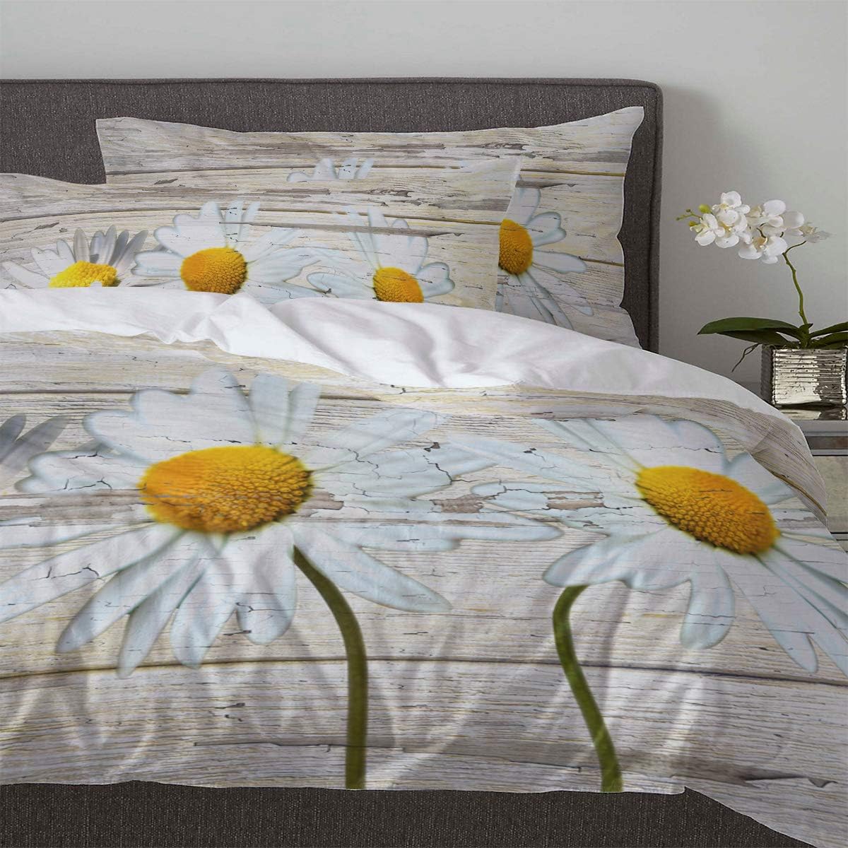 Black Friday - 60% OFF Teather 3-Piece Bedding Sets Daisy Flower Decorative Comforter Set - Duvet Cover, Pillow Cases for Childrens/Kids/Teens/Adults,Retro Wood Grain California King