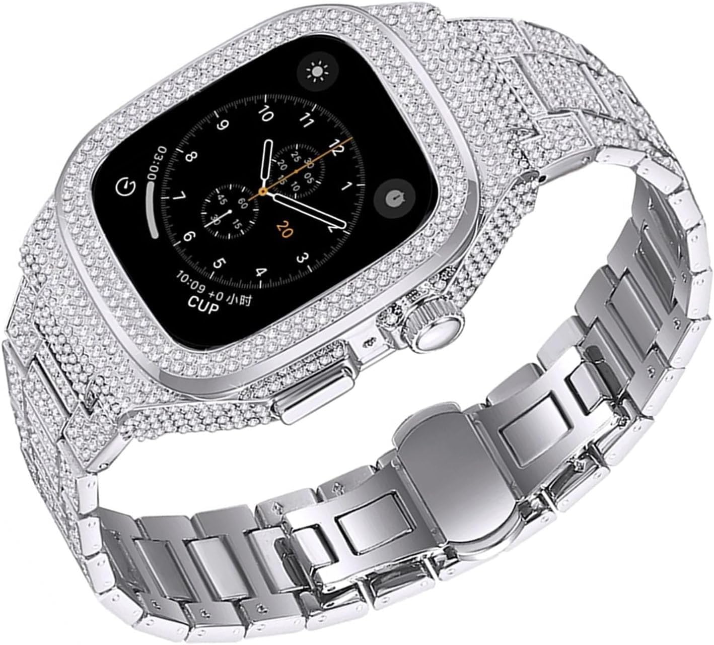 JDIME Kit de bracelet de montre en métal diamant pour Apple Watch Ultra 8 7 6 5 4 SE Series 44 mm 45 mm, accessoires de rechange avec outil