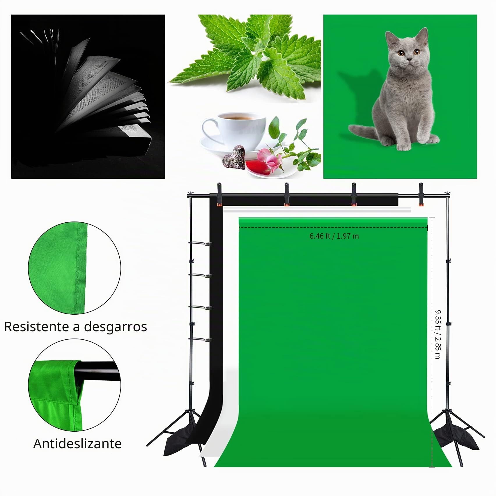 Kit de Soporte para Fondos 2,6 X 3 M Ajustable, Portafondos con 3 Telones de Fondo de Poliéster (Blanco, Negro, Verde) y 8 Pinzas para Estudio Fotográfico, Videos y Retratos