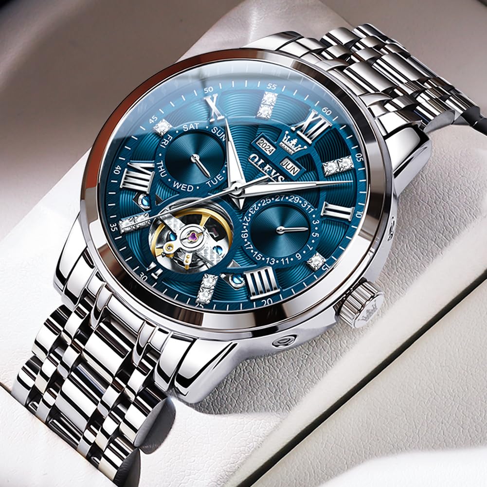 OLEVS Herren Automatikuhr Diamanten Tourbillon Skelett Luxus Edelstahl-Armbanduhr mit Kalender, 30M wasserdicht Leuchtzeigern Mechanische Selbstaufzugsuhr für Business/Abendmode im Geschenkbox