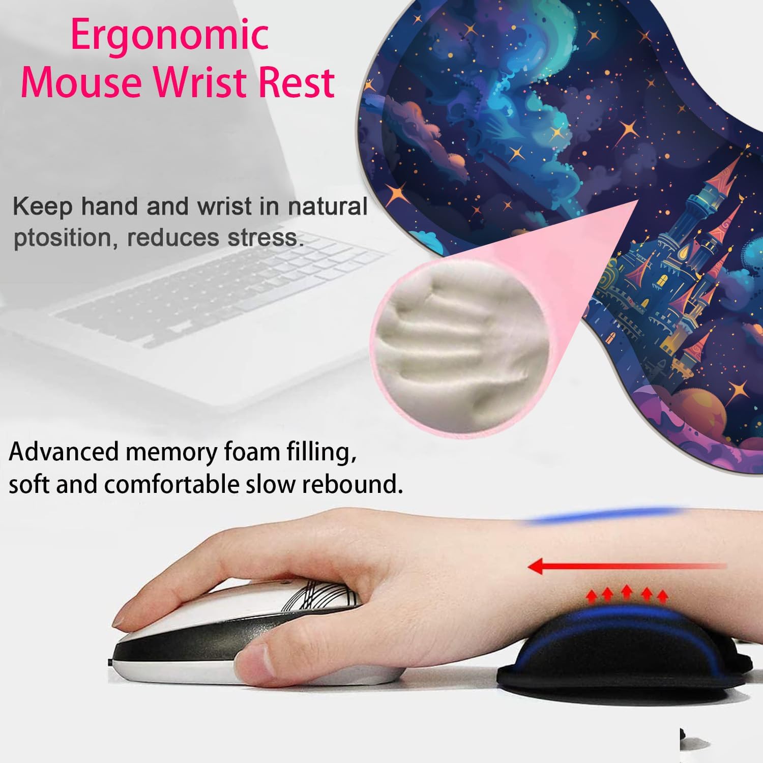 Large Gaming Mouse Pad + Mouse Wrist Rest Pad + Coaster Combination, 31.5 "x 11.8" Durable Non-Slip Extension Table Mat, Suitable for Office and Home, Astral Cloud Castle