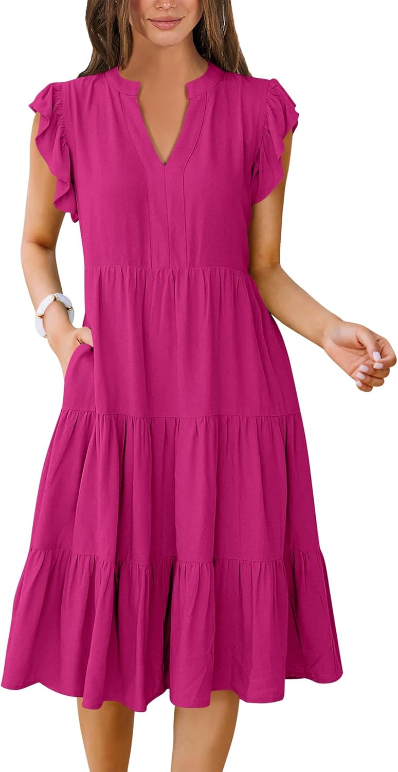 Womens Summer Ruffle Sleeve V Neck Midi Dress 2024 Fashion Casual Fit Flowy Tiered Boho Beach Vacation Sundress