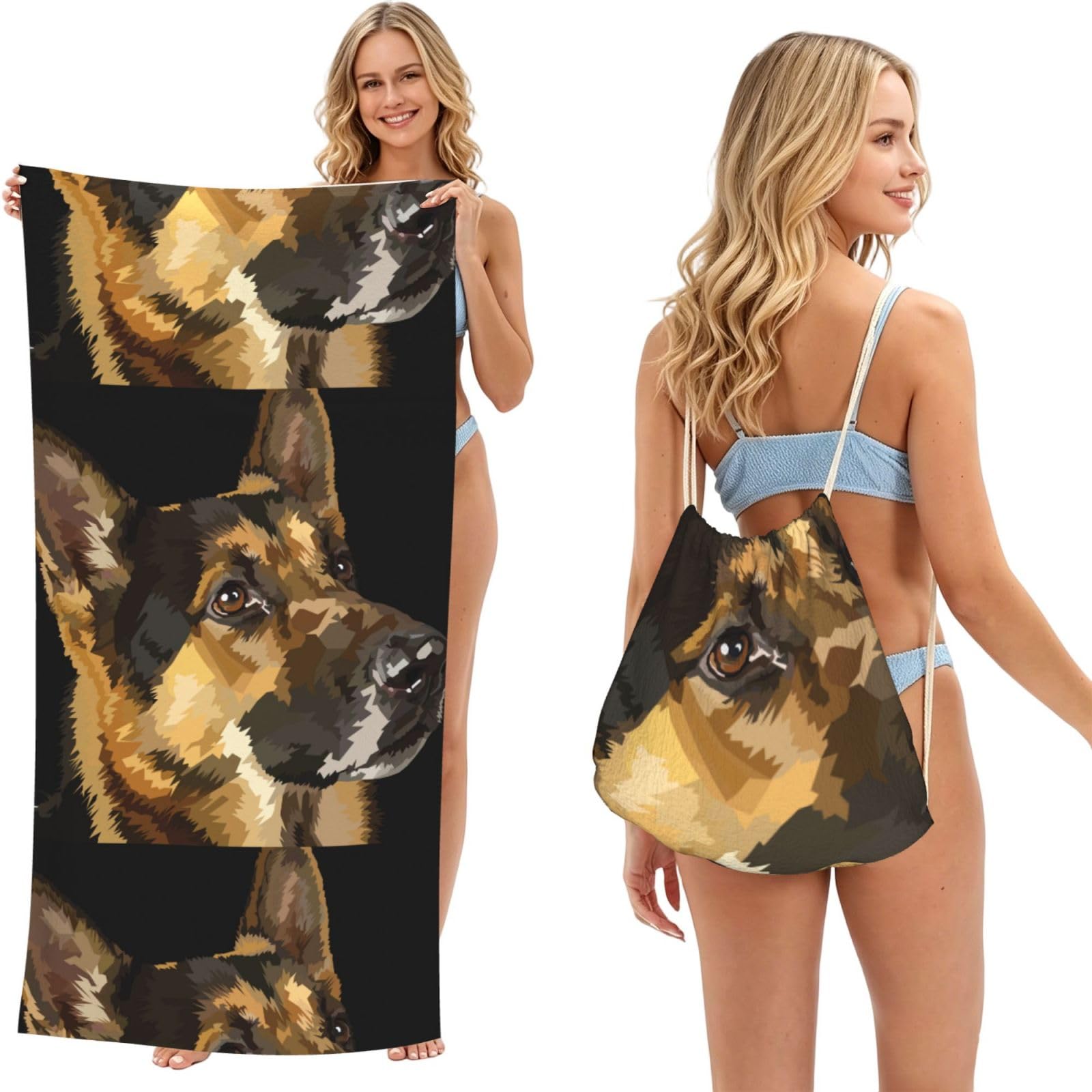 Poadnly As Picture German Shepherd, 2 In 1 Packable Towel Bag, Beach Towels With Drawstring Backpack For Travel Holiday Camping
