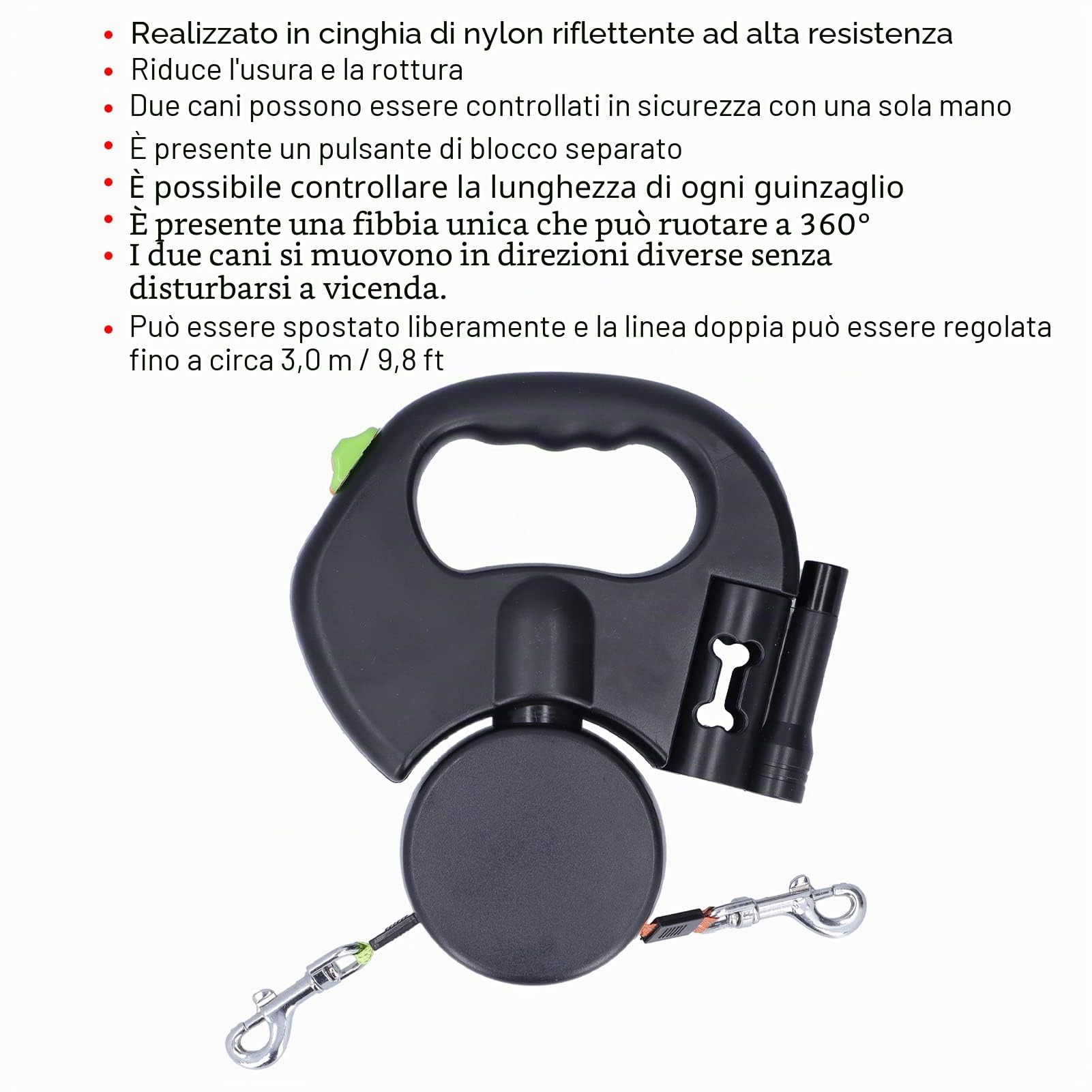 HEEPDD Guinzaglio Retrattile Doppio per Cani, Guinzaglio Estensibile Automatico con Cinturino Riflettente, Lunghezza per Passeggiate e Corsa