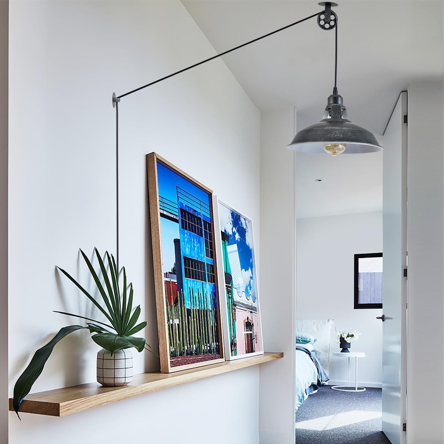 Plug in Pendant Light With Switch,Vintage Industrial Design,16.4ft Cord,Adjustable Pulley,Easy Install,Ideal For Living Room,Pool Table,Bedroom,Kitchen,Sloped Ceiling,Bar,Outdoor Shed(Silver Black)