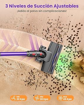 Aspiradora sin Cable, 550W/45KPa/70Mins Aspirador Escoba sin Cable Potente de 1.6L, con Pantalla Táctil LED y Cepillo Antienredos, 6 en 1 Aspirador Inalámbrico para Suelos/Alfombras/Pelo de Animales2