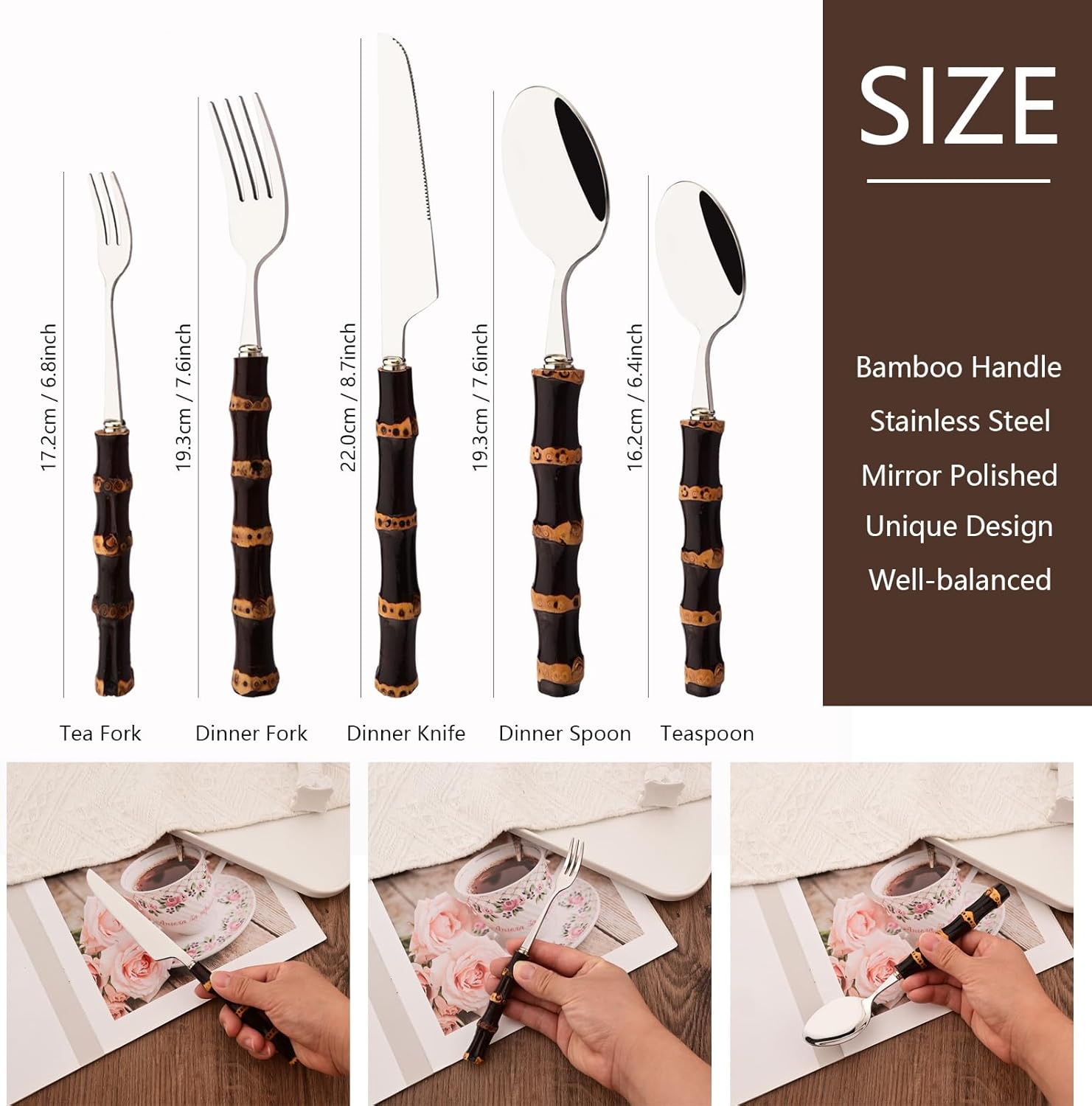 Bamboo Handle Flatware Set, Stainless Steel Silverware Set Knives Forks Spoons Cutlery for Kitchen Wedding Home Restaurant Party, Black Resuable Eating Utensils, 40 PCS Service for 8