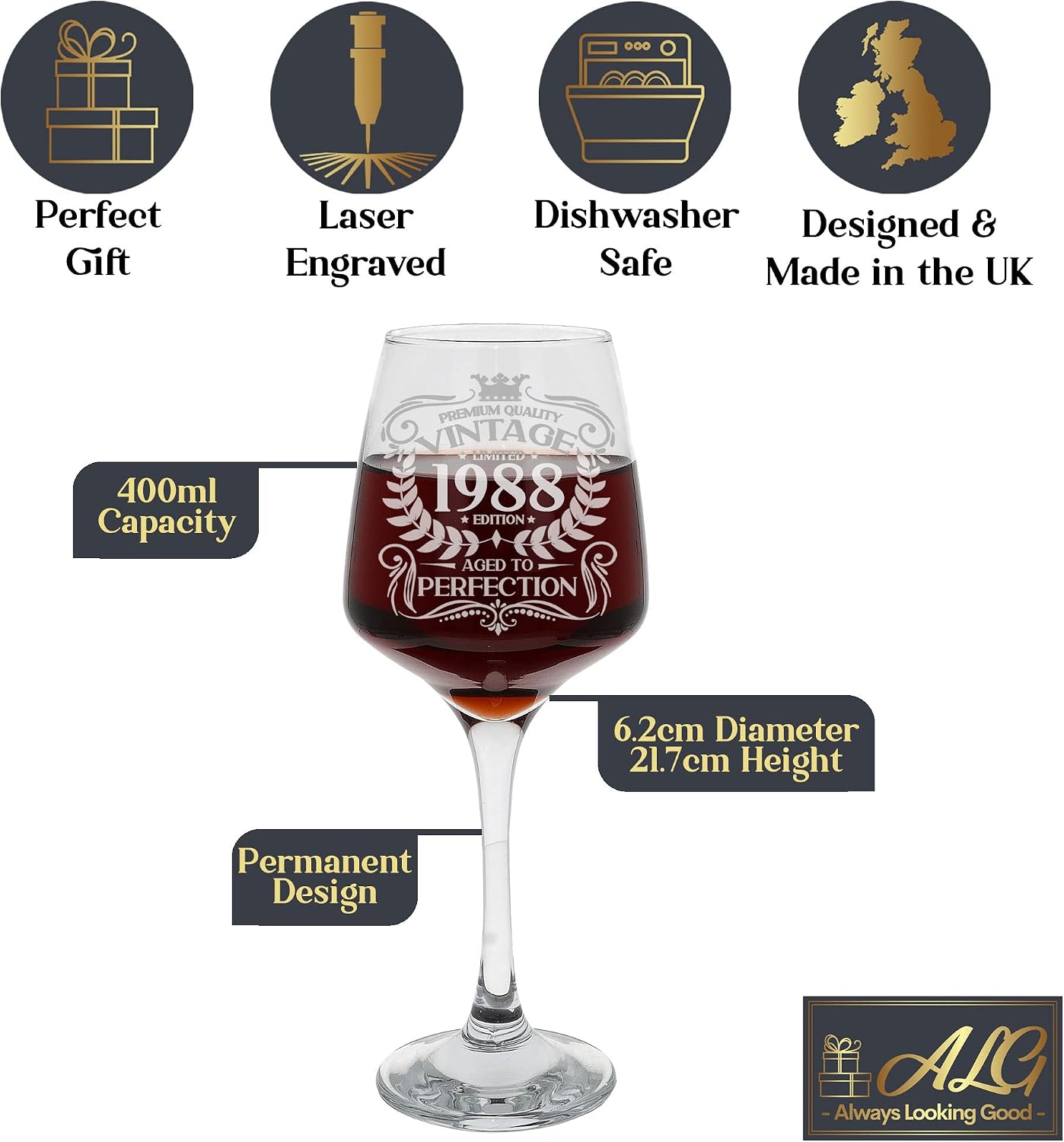 Always Looking Good 38th Birthday Gift Vintage 1988 Aged to Perfection Engraved Large Wine Glass Present for 38 Year Old Etched 400ml Wine Glass - Image 4