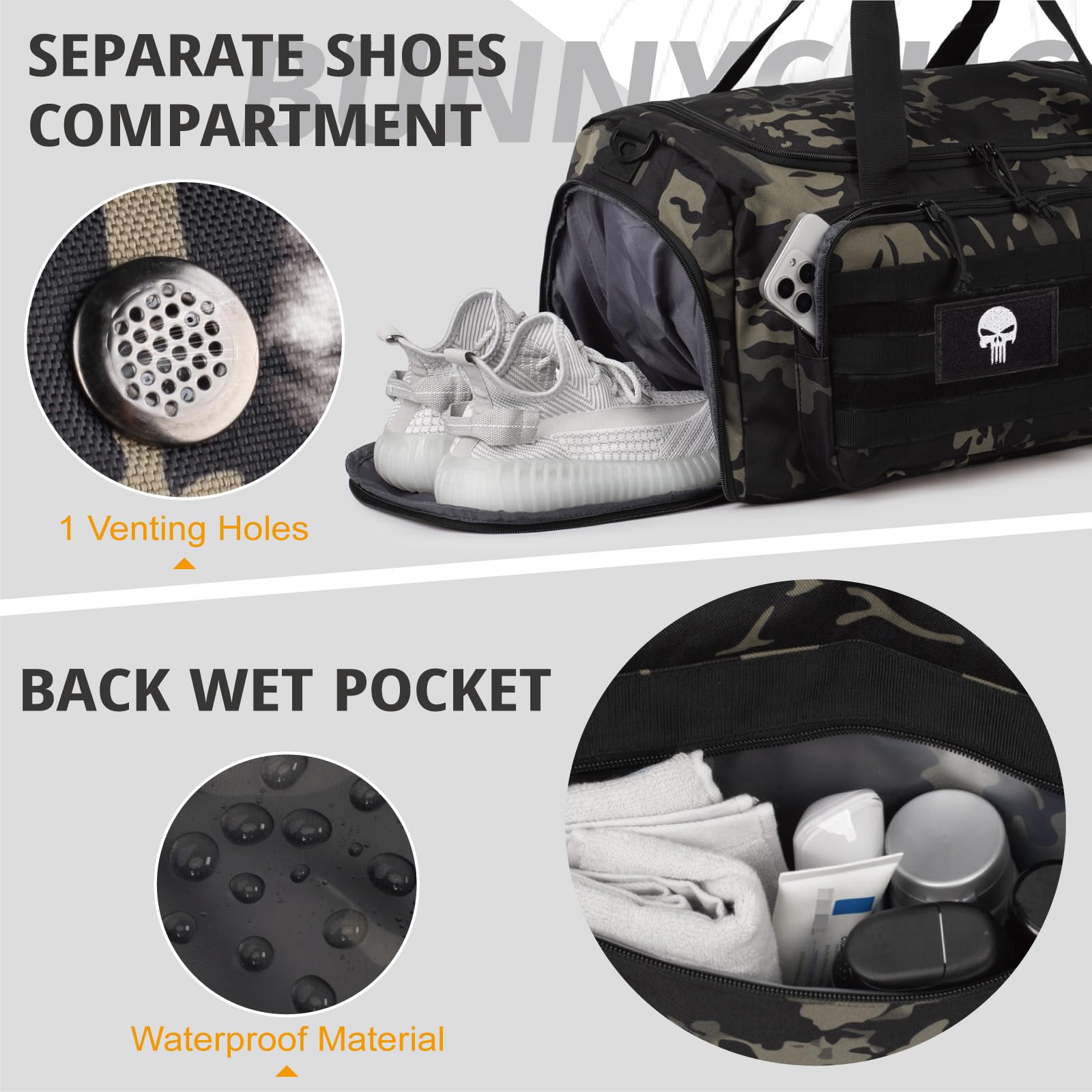 Sac de Sport Tactique 60L pour Homme – Grand Sac Multifonction avec Compartiment à Chaussures et Poche Humide, idéal pour Le Sport, Les Voyages, Le Camping et la randonnée.