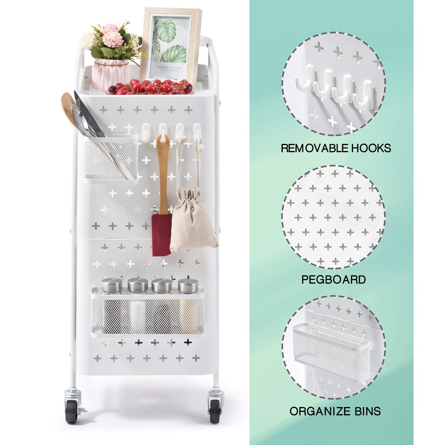 KINGRACK Carro de almacenamiento, carro rodante de 3 niveles, estante de metal con ganchos para tablero de clavijas, cestas con ruedas, estante de almacenamiento móvil para cocina hogar (Blanco)