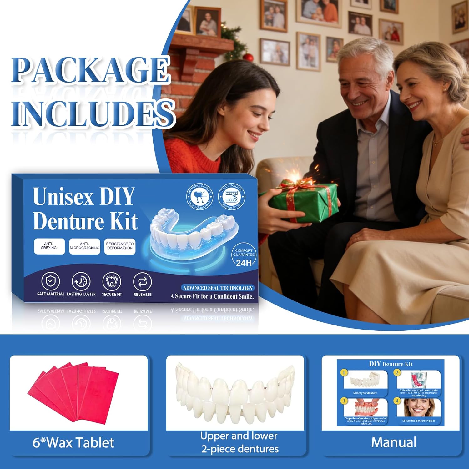DIY Denture Kit for Emergency Replacement - Natural Looking Comfort-Fit Fake Teeth, Upper & Lower Set for Everyday Use, Universal Size for Men & Women