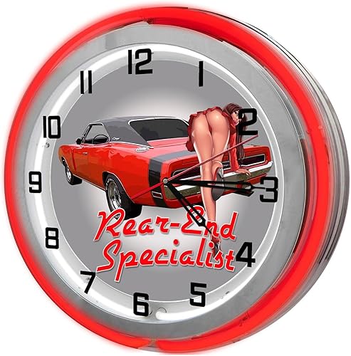 Garage Pin Up Girl - Reloj de garaje de neón rojo de 18 pulgadas