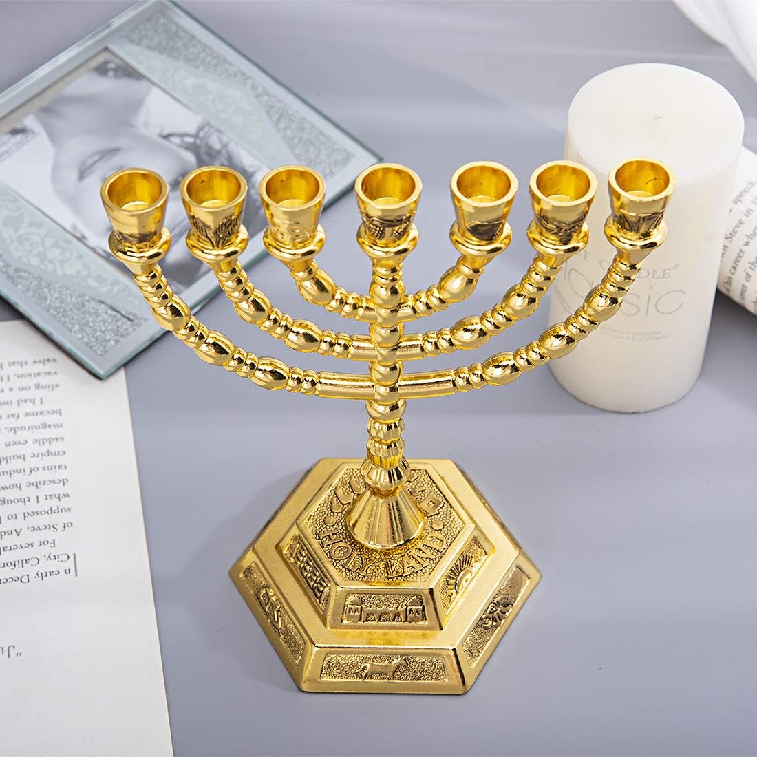 6" 7-Branch Menorah Hanukkah for Shabbat,Tabernacle, Menorahs for Chanukah, Jewish Decorations(Light Gold)