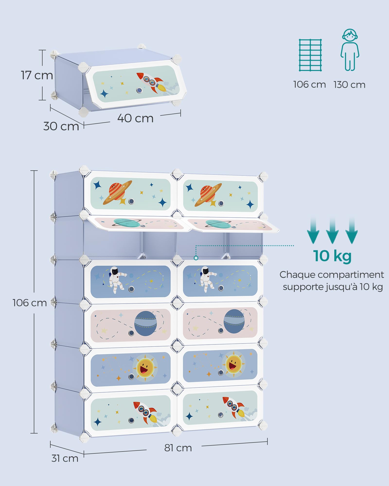 SONGMICS Étagère à Chaussures Modulable Enfants, Meuble de Rangement 12 Emplacements, Armoire avec Étagères en Plastique, Organisateur avec Portes, 31 x 81 x 106 cm, Bleu Clair LPC907Q01