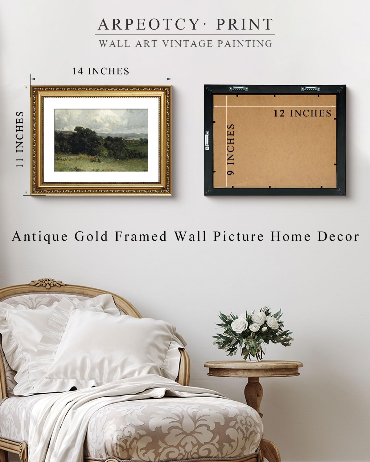 ARPEOTCY Vintage Gold Framed Wall Art, 11x14 Inch Pastures Landscape Retro Picture Paintings, Antique Canvas Artwork, Victorian Picture Photo Frame Wall Decor for Gallery Bathroom Bedroom