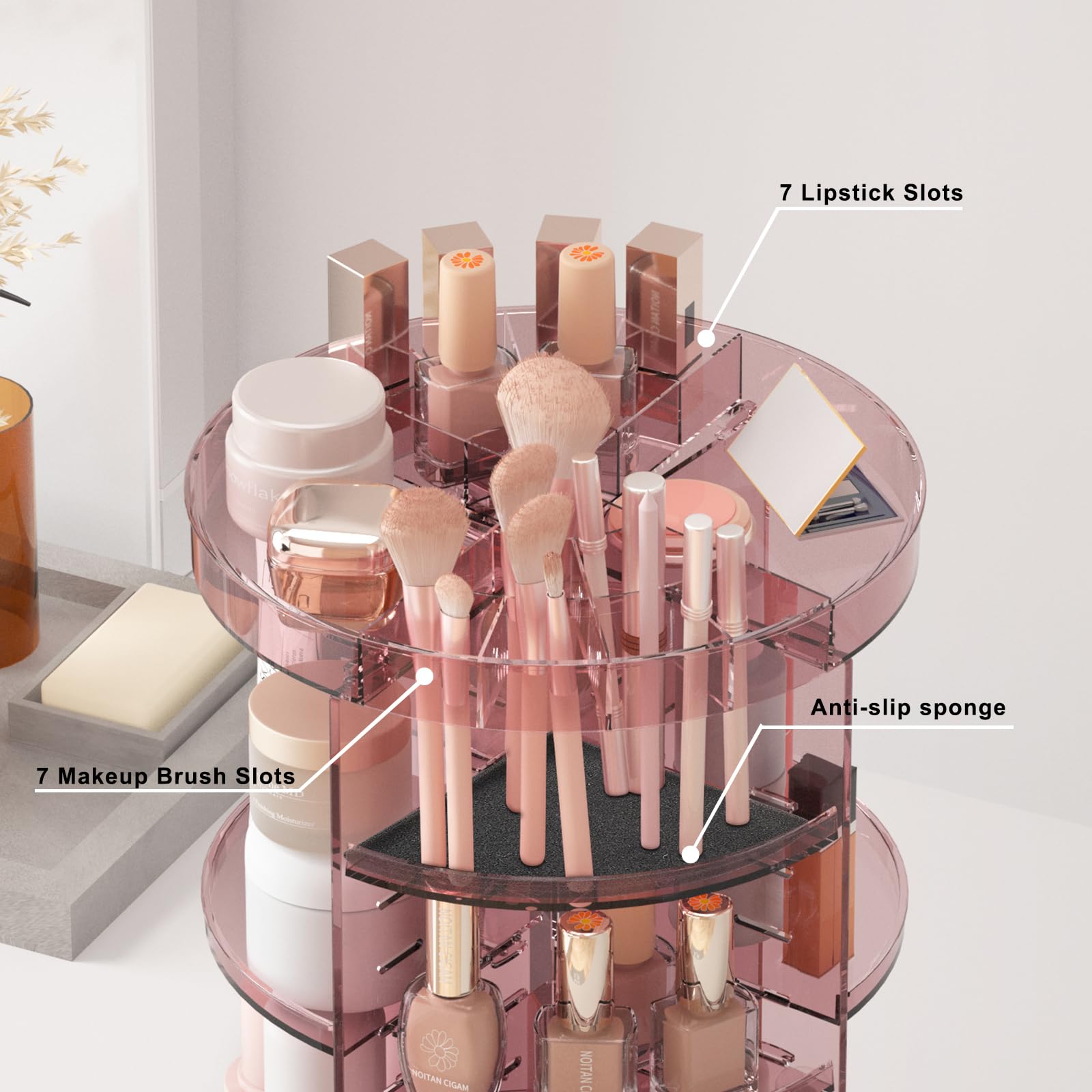 Jiavarry Organizer rotante per trucchi a 360 gradi con slot per rossetto, 8 strati regolabili, organizer per la cura della pelle, grande capacità, mensola per cosmetici per piano di lavoro del bagno