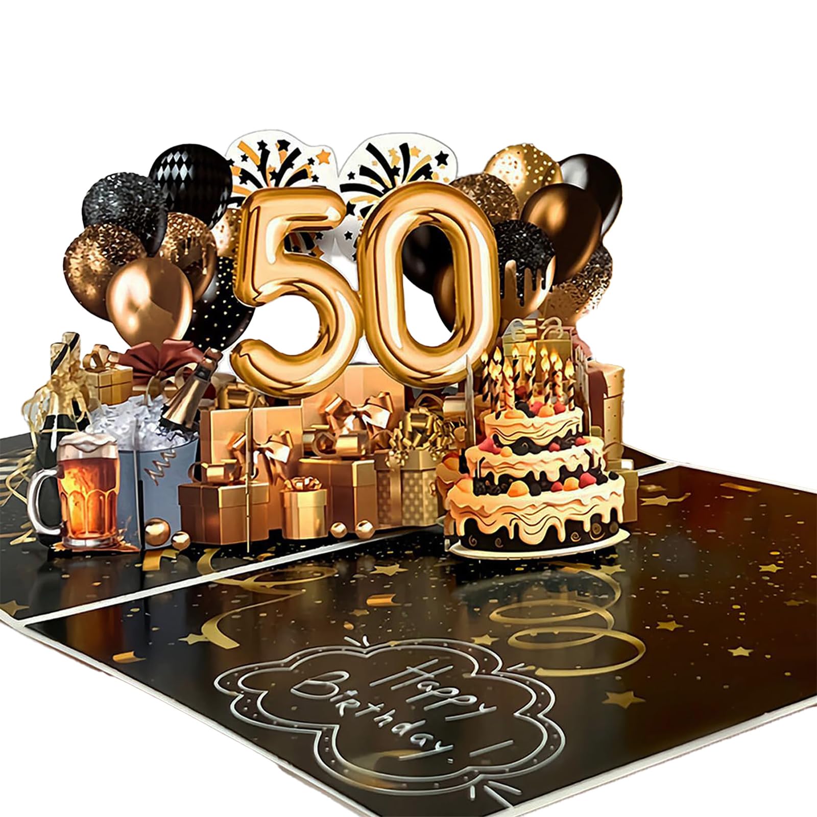 SwammCard 50th Birthday Pop Up Card, Elegant Black Gold 3D Design