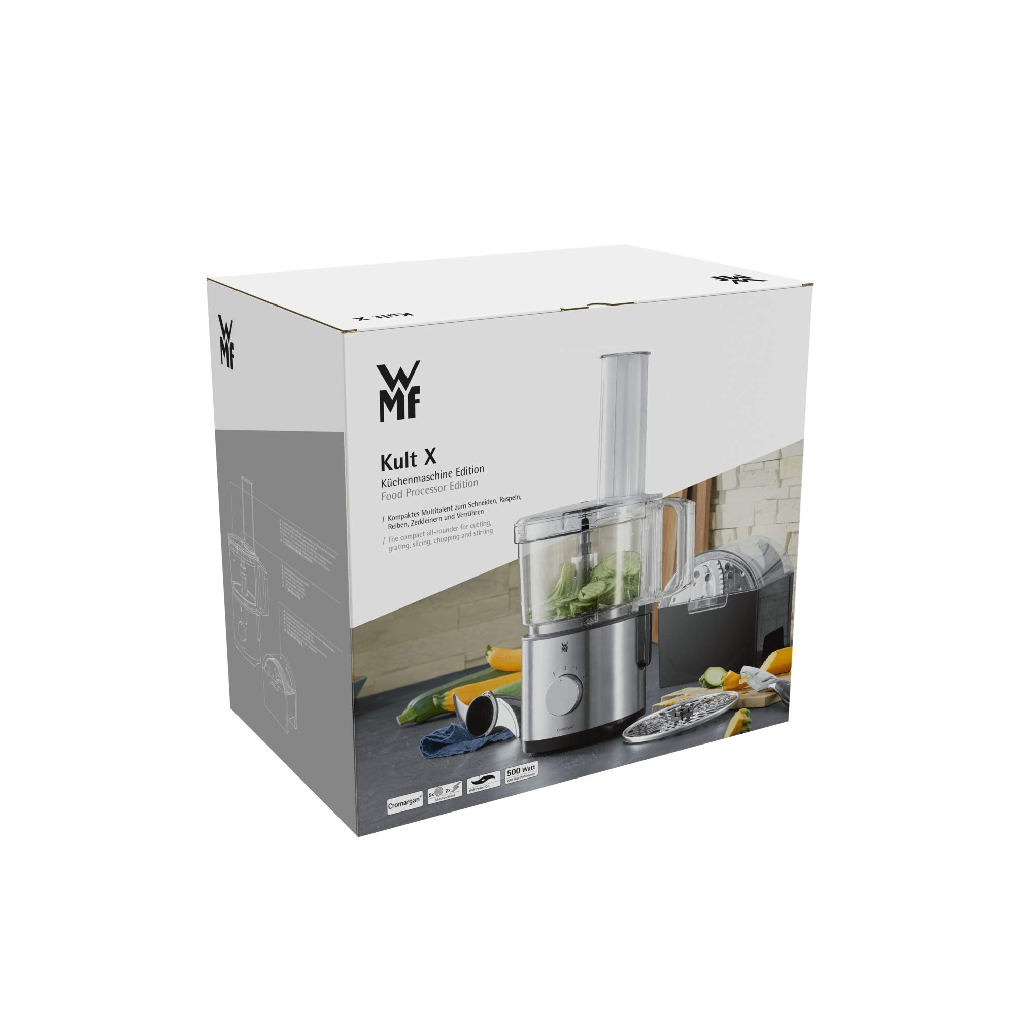 WMF Kult X Edition - Trituratore per robot da cucina con 5 dischi accessori, coltello da impastare, tappi, coltello in acciaio inox, contenitore da 2,0 l, 500 W