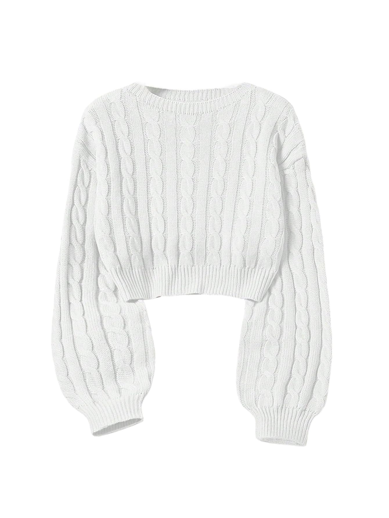 GORGLITTER Womens Cable Knit Cropped Sweater Crew Neck Long Sleeve Cropped Pullover Tops