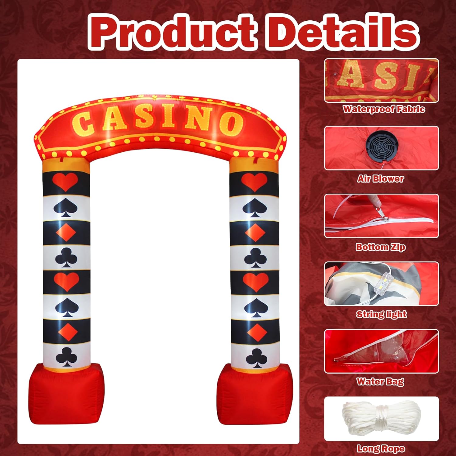 Casino Party Inflatable Arch Kit,7.5 x 6.0 FT Casino Theme Party Decorations for Birthday Casino Night Las Vegas Casino Theme Party Decoration