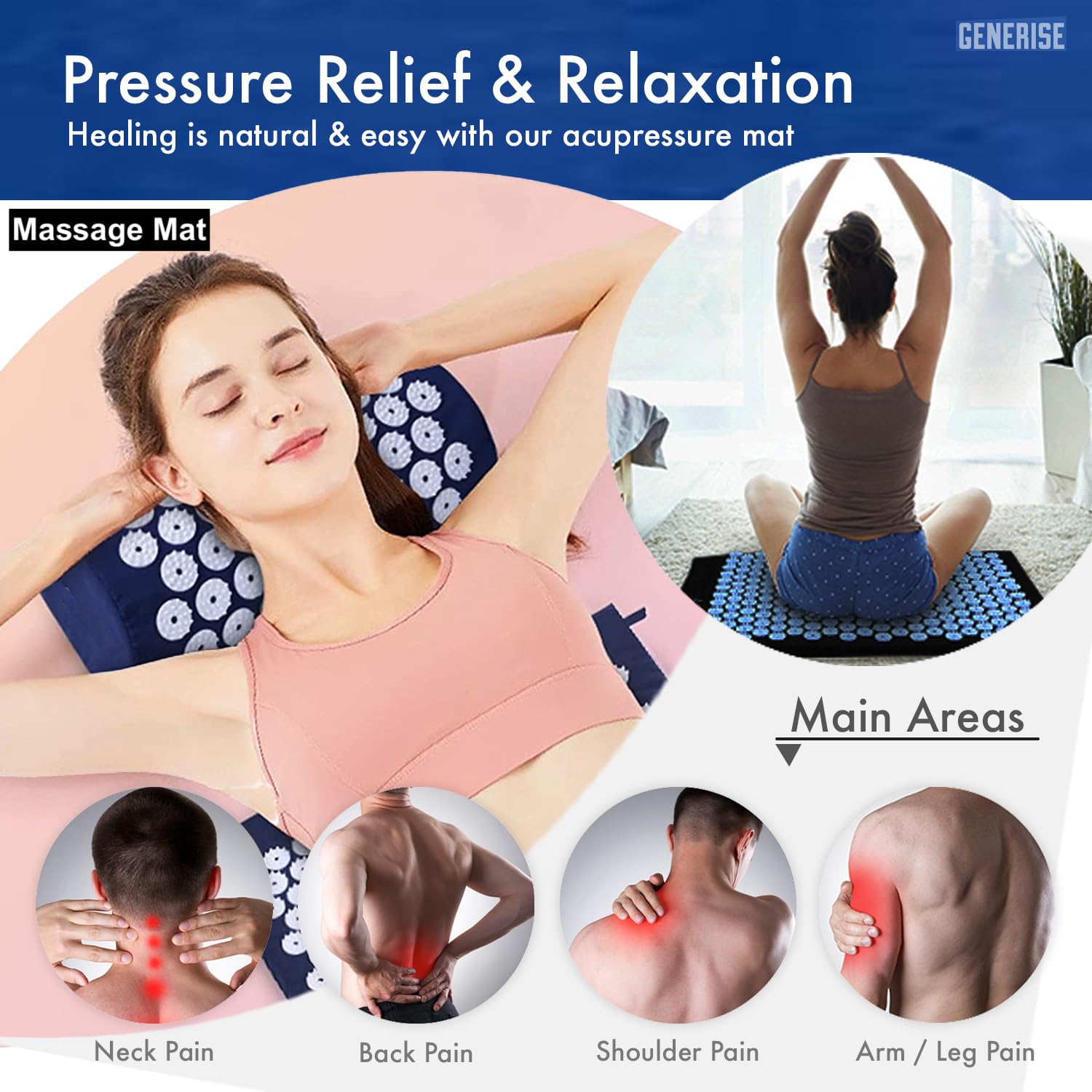 Generise Tapis d'acupression et oreiller pour homme et femme – Soulagement des douleurs dorsales, cervicales et musculaires – Comprend un sac de voyage avec sangle réglable (noir avec pointes bleues)
