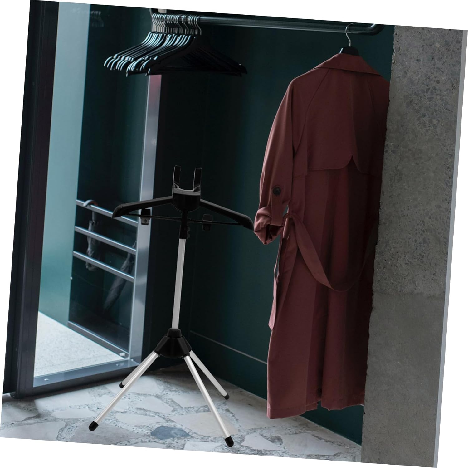 Adjustable Garment Hanger Stand for Steaming Clothes Compact Ironing Rack with Protective Glove and Lightweight Folding Design for Easy Storage and Use