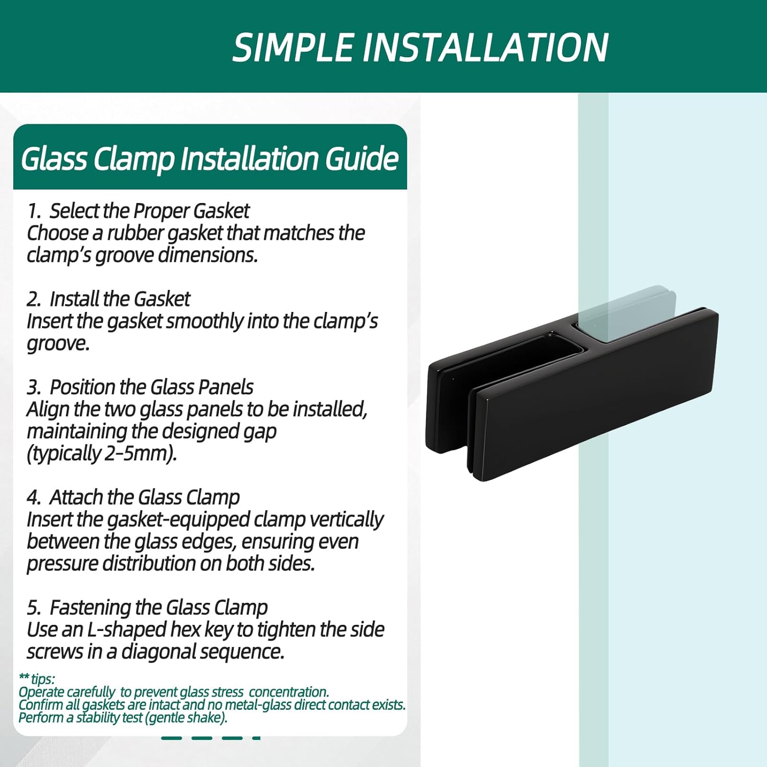 180 Degree Railing Glass to Glass Clamp, 4 PCS Black Stainless Steel 304 Double Sided Railing Clamp Holder with Rubber Gaskets for Balustrade Coastal Outdoor Pool Fence