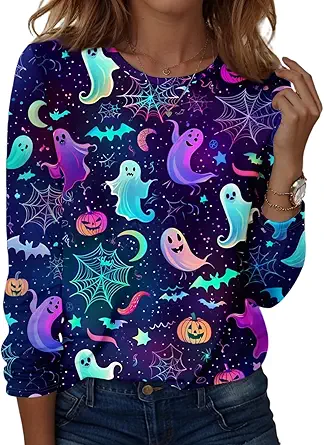 Halloween Shirts for Women Long Sleeve Plus Size Fashion Crewneck Comfortable Tshirts Halloween Costumes for Women