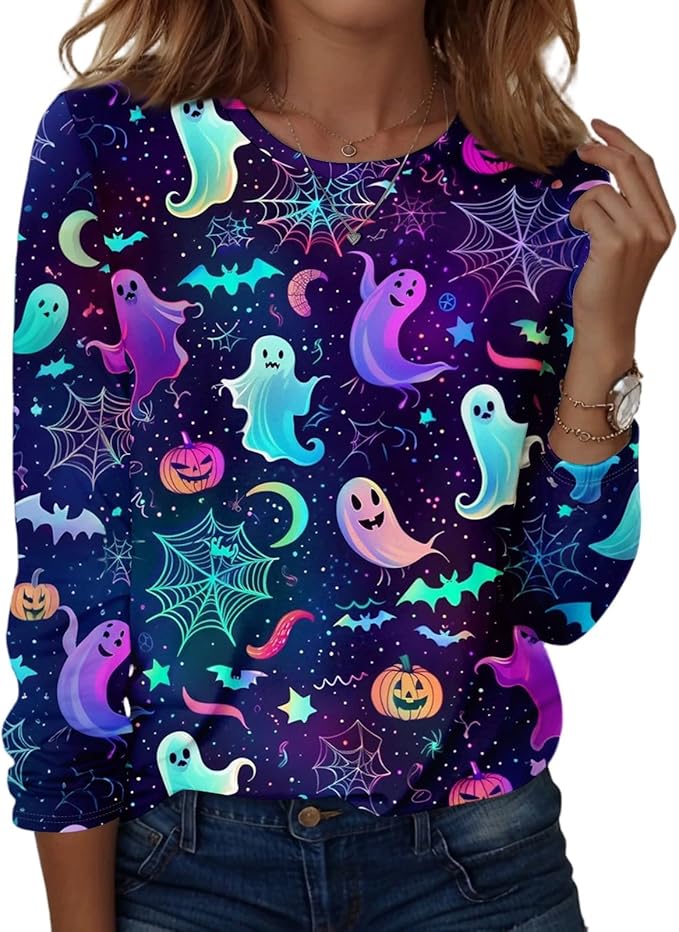 Halloween Shirts for Women Long Sleeve Plus Size Fashion Crewneck Comfortable Tshirts Halloween Costumes for Women