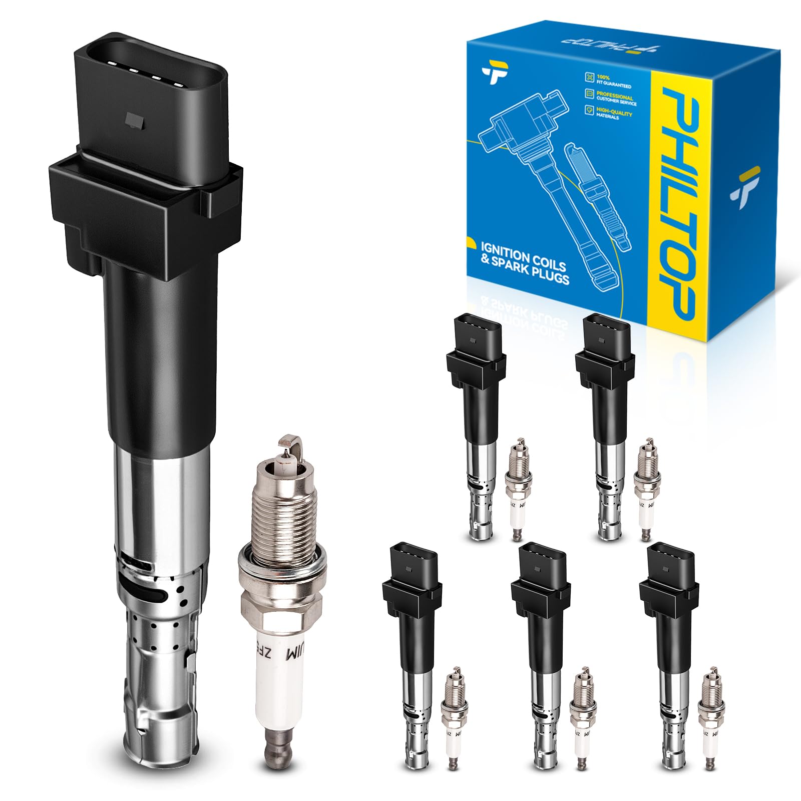 PHILTOP Ignition Coil Pack and Spark Plugs Fits for Volkswagen 2002-2004 Jetta 2.8L, Volkswagen 2002-2005 Golf 2.8L, 6PCS UF404