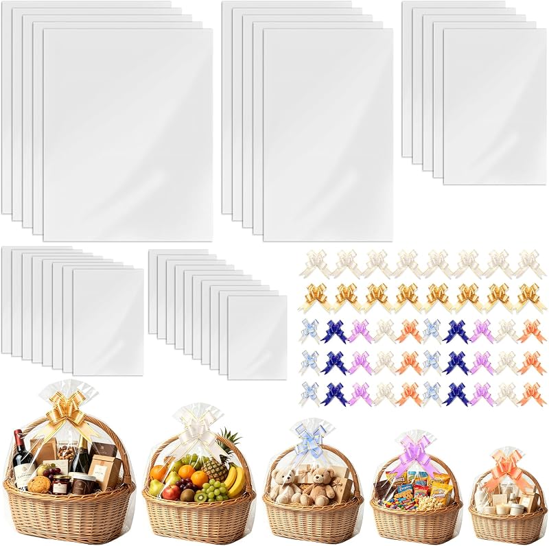 65PCS Cellophane Bags for Gift Basket Cellophane Bags 5 Size with Pull Bows | Gift Basket Wrap 24×30 18×30 16×24 12×18 10×14 Inch Clear Cellophane Gift Bag for Gift Giving, Wedding, Party Favors,Holiday