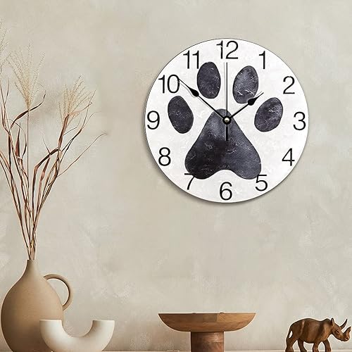 Miniatura 6 de Reloj de pared con estampado de pata de perro negro, reloj de madera de 10 pulgadas, silencioso, sin tictac, funciona con pilas, para sala de estar,