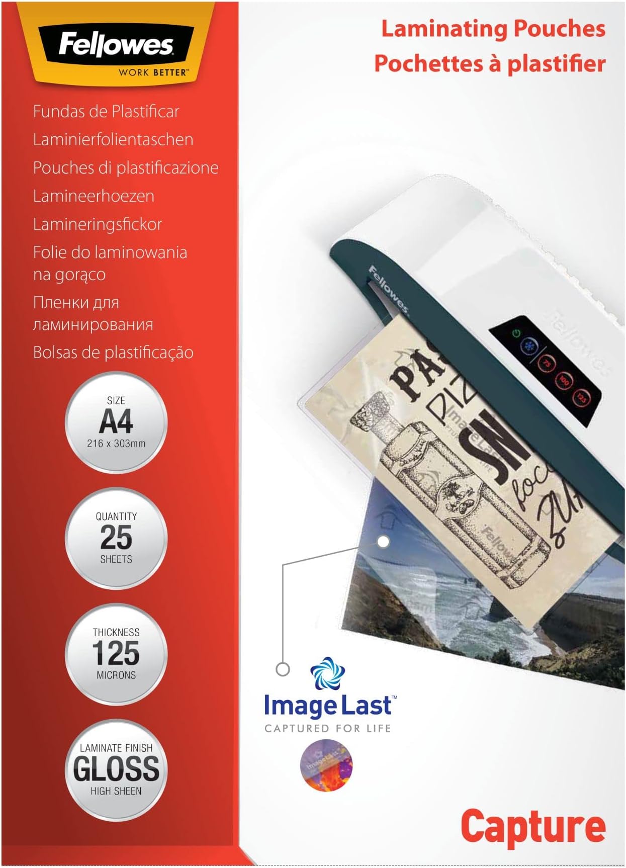 Fellowes A4 Laminating Pouches, Gloss Finish, 25 Sheets, 250 Micron (2 x 125 Micron) High